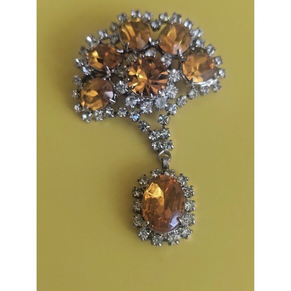Vintage Amber Rhinestone & Cubic Zirconia Brooch 3" long x 1.75" wide - Picture 1 of 8